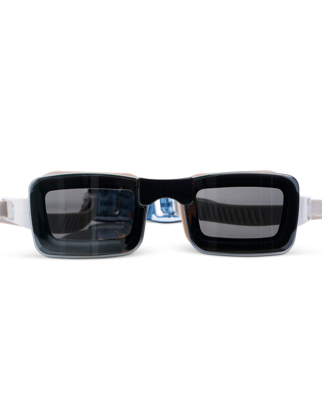 Velocity Swim Goggles in Onyx showing a sleek black frameless lens and tan colored  silicone gasket and strap