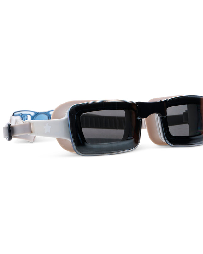 angled view of Velocity Swim Goggles in Onyx showing a sleek black frameless lens and tan colored  silicone gasket and strap