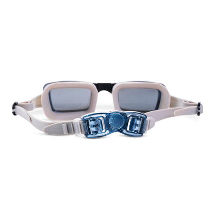 back view of Velocity Swim Goggles in Onyx showing a tan colored  silicone gasket, strap and black back clip