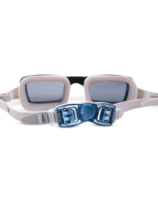 back view of Velocity Swim Goggles in Onyx showing a tan colored  silicone gasket, strap and black back clip