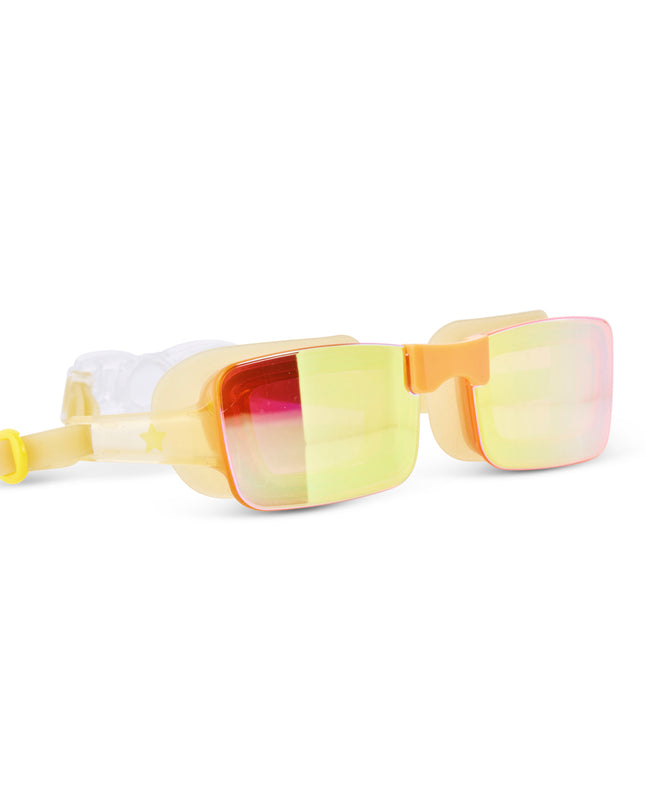angled view of Velocity Swim Goggles in Volt showing a sleek gold frameless lens and gold colored silicone gasket and strap