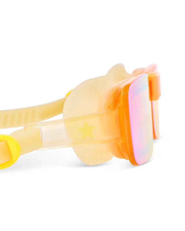 close-up view of Velocity Swim Goggles in Volt showing a sleek gold frameless lens and gold colored  silicone gasket and strap