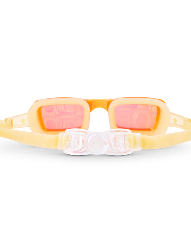 back view of Velocity Swim Goggles in Volt showing a clear back clip, gold colored silicone gasket, and gold colored strap