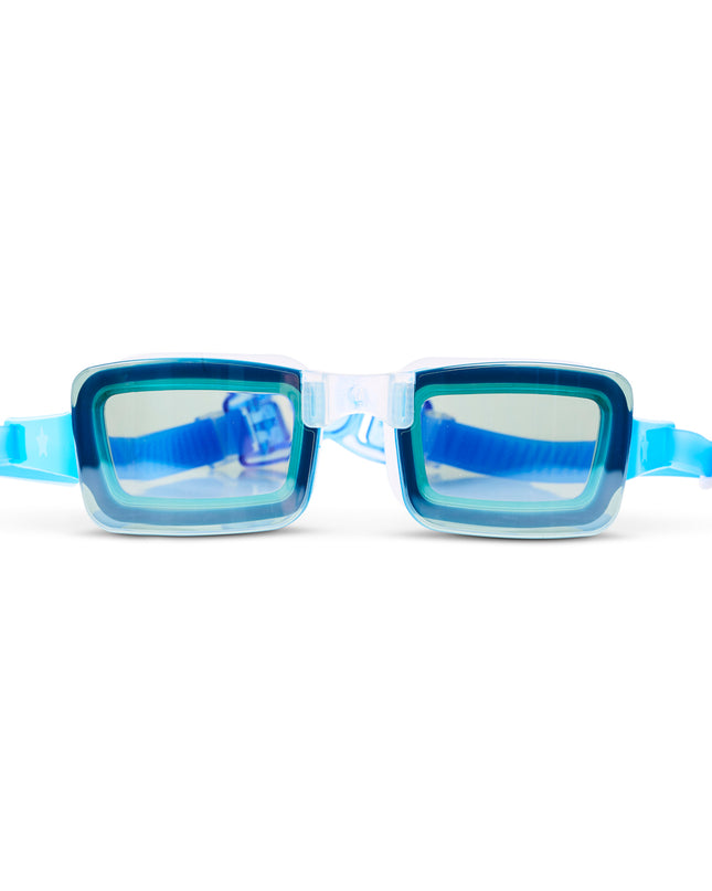 Velocity Swim Goggles in Wave showing frameless square lens in blue
