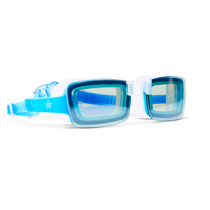 angle view of Velocity Swim Goggles in Wave showing frameless square lens in blue