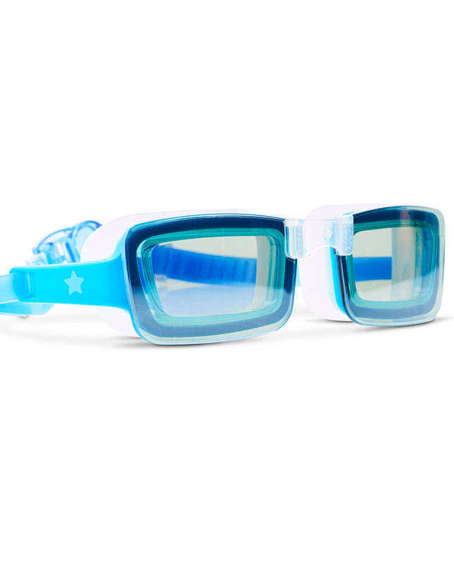 angle view of Velocity Swim Goggles in Wave showing frameless square lens in blue