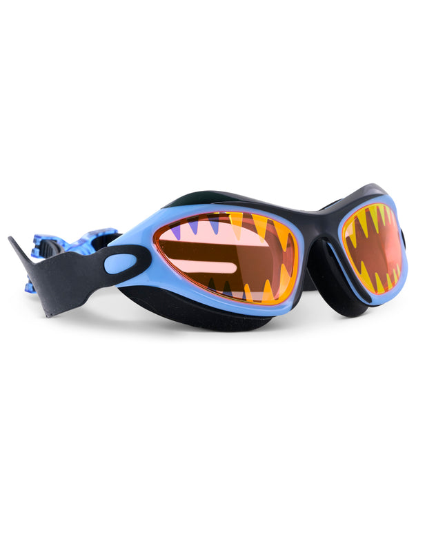 angled view of Covert Chomp in Deep Cover showing printed shark teeth around the lens, and a shark bite red lens