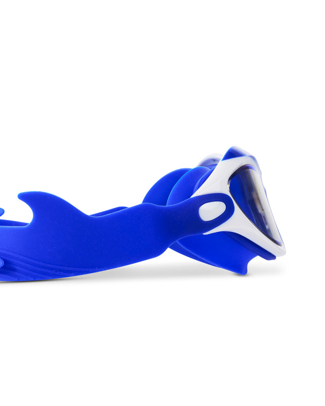close-up of Covert Chomp Kids Swim Goggles in Frost Fin showing shark fin strap detail