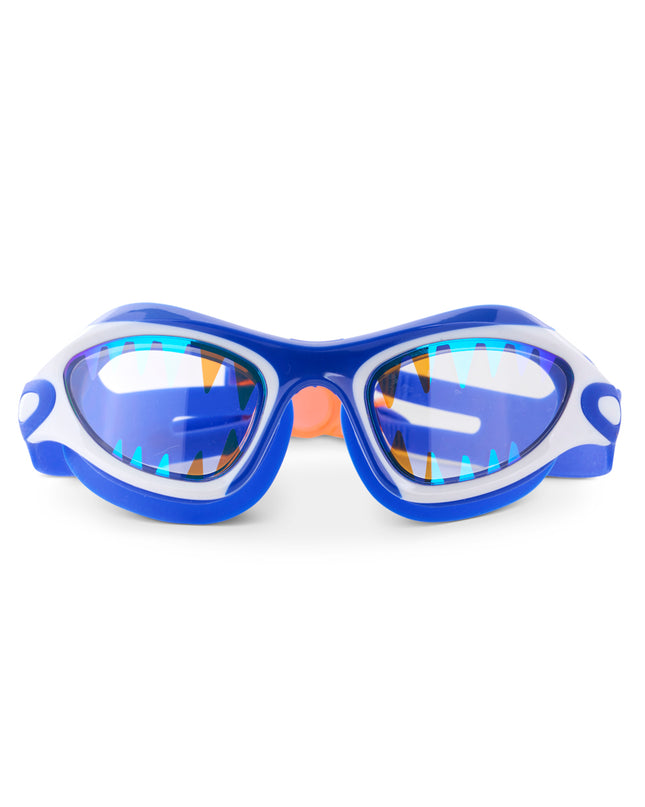 Covert Chomp Kids Swim Goggles in Frost Fin showing a blue and white frame, and shark teeth screen printed clear lens