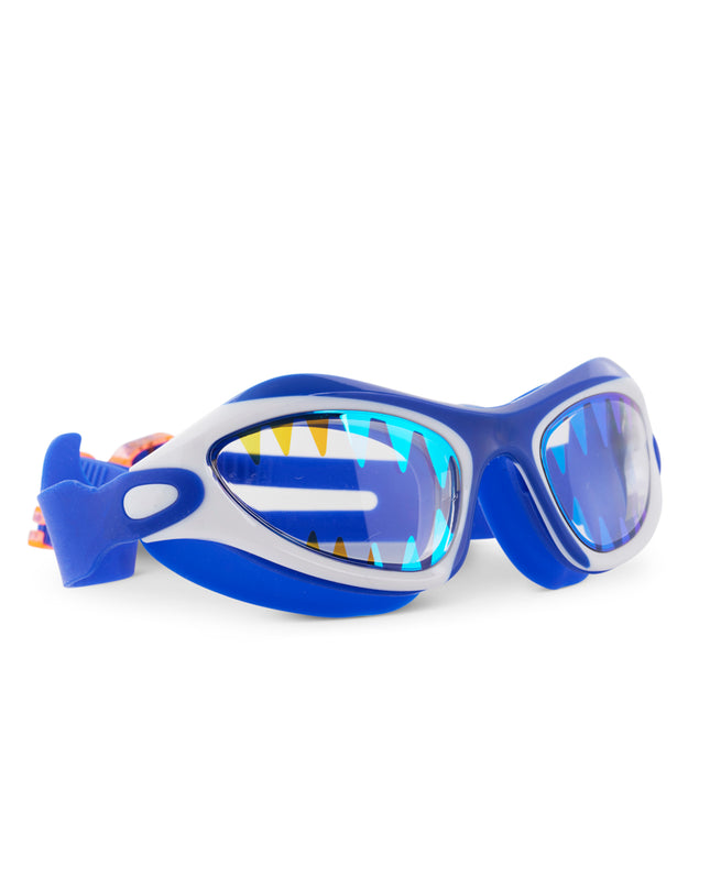 angled view of Covert Chomp Kids Swim Goggles in Frost Fin showing a blue and white frame, and shark teeth screen printed clear lens