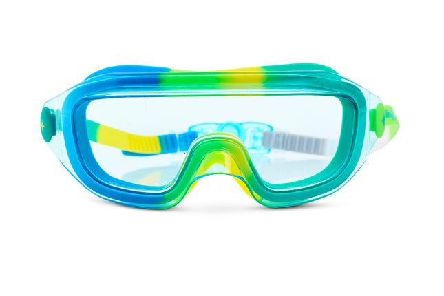 Hologram Swim Goggles in Cyber Green showing a wide frameless reflective lens with different greens swirled silicone gasket