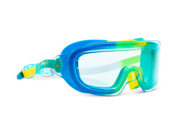 angled view of Hologram Swim Goggles in Cyber Green showing a wide frameless reflective lens with different greens swirled silicone gasket