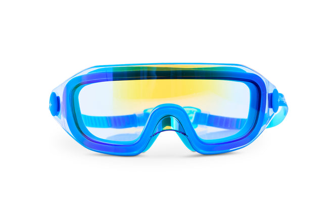 Hologram Swim Goggles in Ocean Byte showing a wide frameless reflective lens with deep blue silicone gasket
