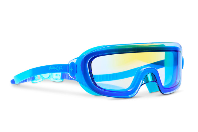 angled view of Hologram Swim Goggles in Ocean Byte showing a wide frameless reflective lens with deep blue silicone gasket
