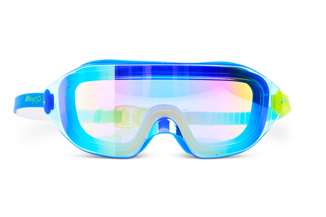 Hologram Swim Goggles in Polar Stream showing a wide frameless reflective lens with blue silicone gasket