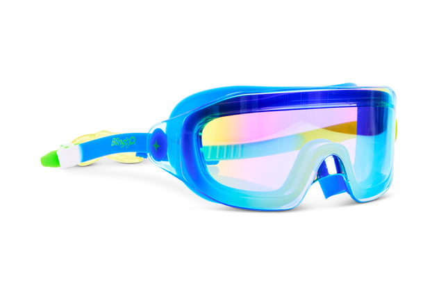angled view of Hologram Swim Goggles in Polar Stream showing a wide frameless reflective lens with blue silicone gasket