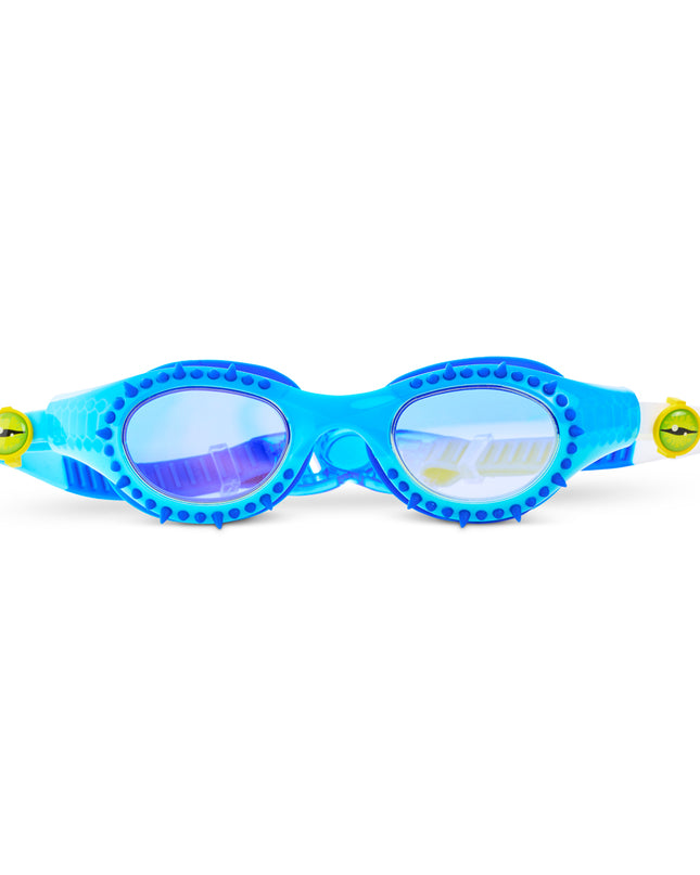 Jurassic Dive Kids Swim Goggles in raptor reef blue showing silicone spikes, a reptilian printed frame and eyeball strap sliders