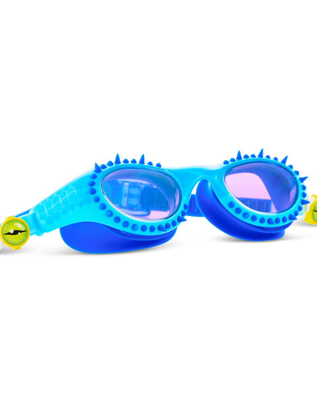 angled view of Jurassic Dive Kids Swim Goggles in seafoam spike showing silicone spikes, a reptilian printed frame and eyeball strap sliders