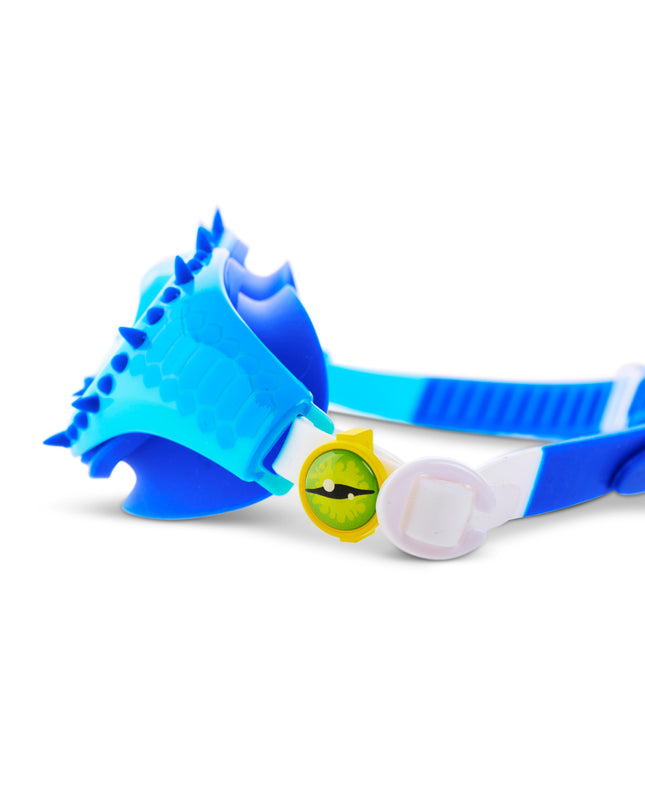 close-up view of Jurassic Dive Kids Swim Goggles in seafoam spike showing silicone spikes, a reptilian printed frame and eyeball strap sliders