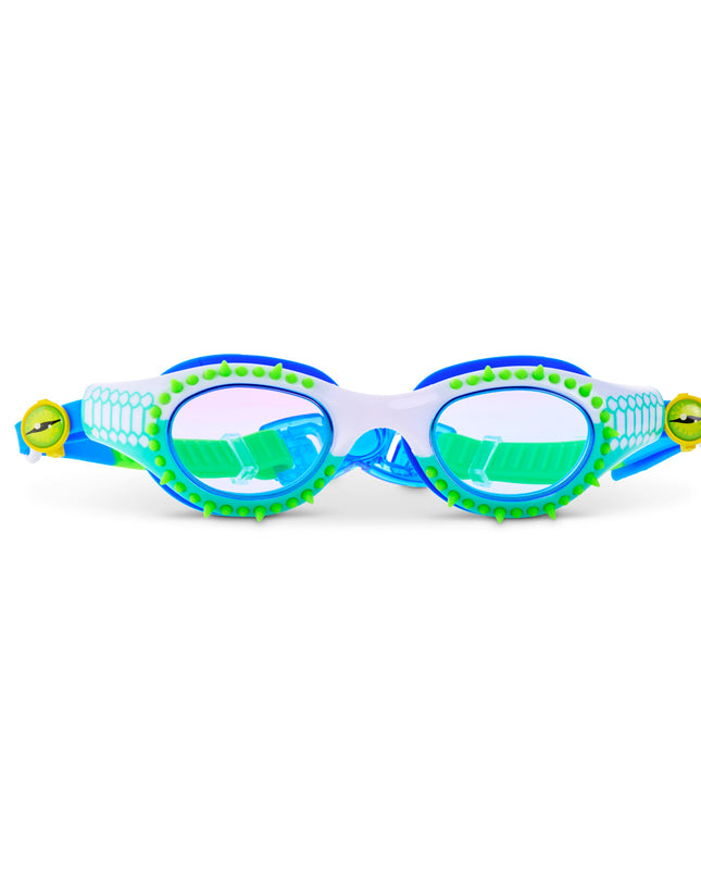 Jurassic Dive Kids Swim Goggles in seafoam spike showing silicone spikes, a reptilian printed frame and eyeball strap sliders