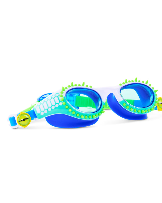 angled view of Jurassic Dive Kids Swim Goggles in seafoam spike showing silicone spikes, a reptilian printed frame and eyeball strap sliders