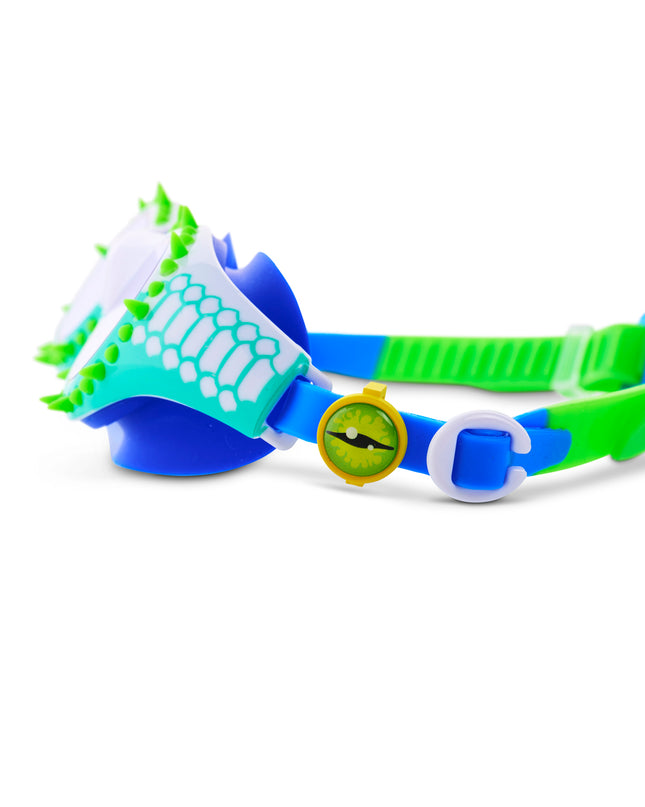 close-up view of Jurassic Dive Kids Swim Goggles in seafoam spike showing silicone spikes, a reptilian printed frame and eyeball strap sliders