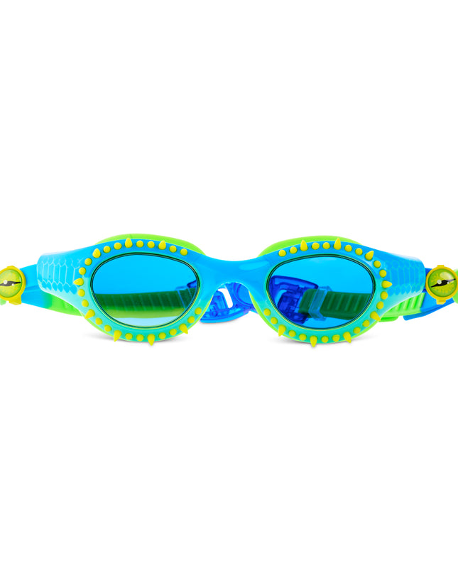 Jurassic Dive Kids Swim Goggles in stego splash showing silicone spikes, blue lenses, a reptilian printed frame and eyeball strap sliders