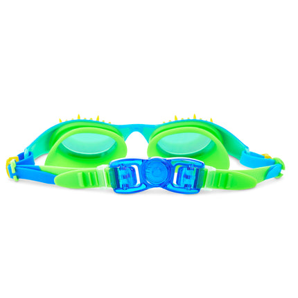 back view of Jurassic Dive Kids Swim Goggles in stego splash showing back clip and strap