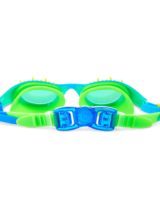 back view of Jurassic Dive Kids Swim Goggles in stego splash showing back clip and strap