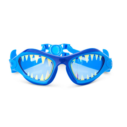 megamouth kids' swim goggles in riptide royal showing shark teeth screen printed on the lens on a blue wide frame