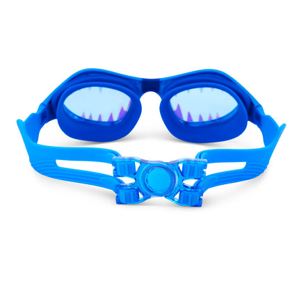 back view of megamouth kids' swim goggles in riptide royal showing split strap with back clip