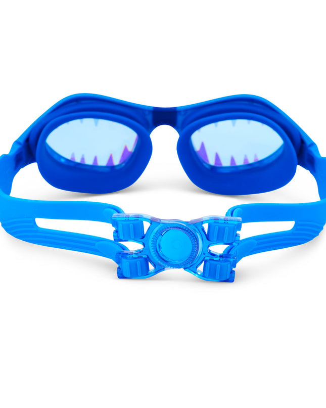 back view of megamouth kids' swim goggles in riptide royal showing split strap with back clip