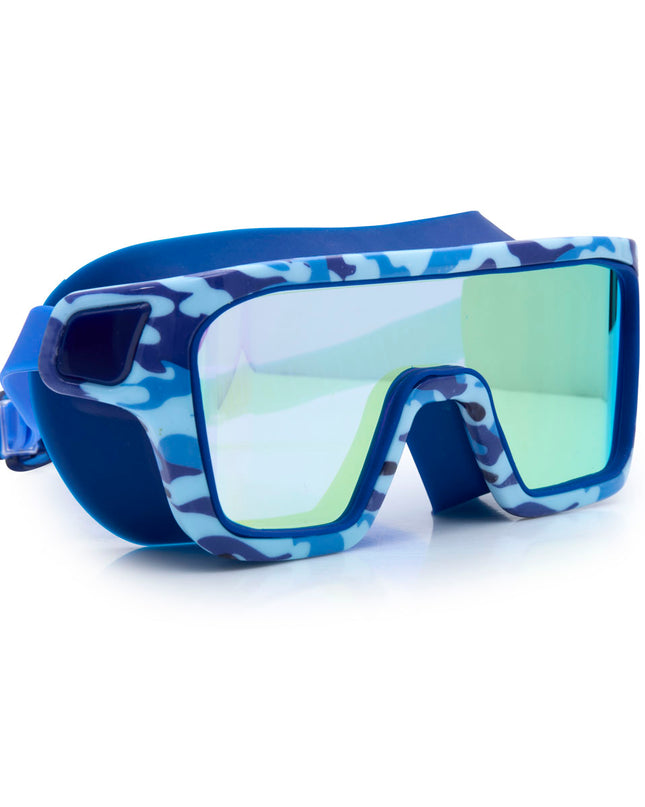angled view of special ops kids' swim goggles in battleship blue showing a wide reflective lens and blue camo print