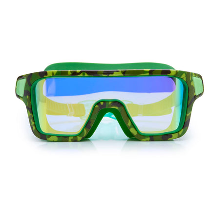 special ops kids' swim goggles in guerilla green showing wide frame swim goggles and a green camo printed frame