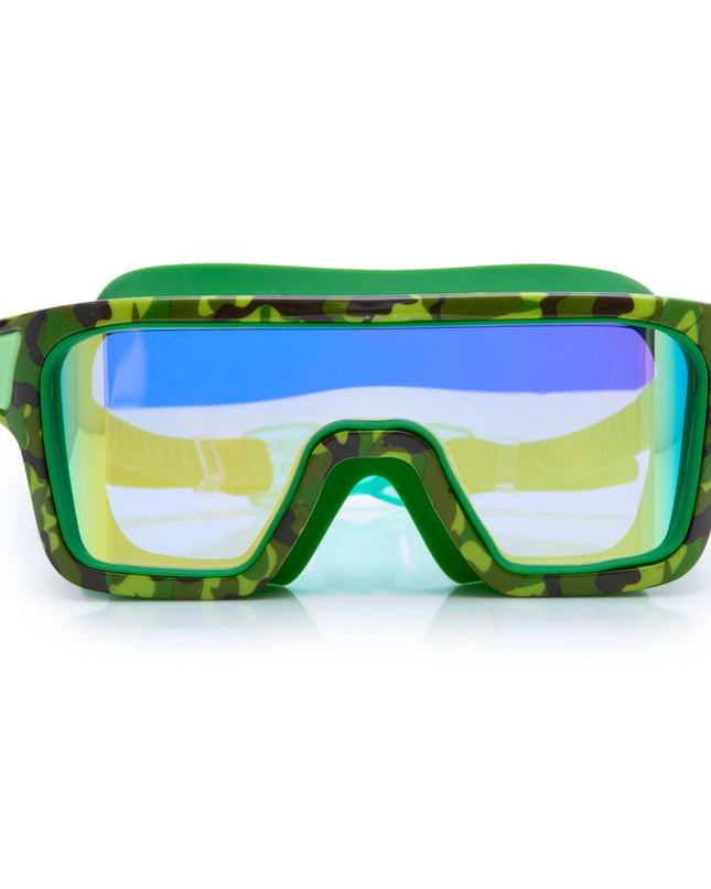 special ops kids' swim goggles in guerilla green showing wide frame swim goggles and a green camo printed frame
