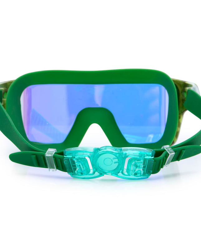 back view of special ops kids' swim goggles in guerilla green showing strap and back clip