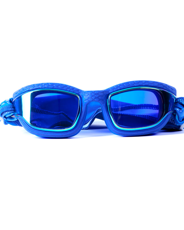 Softline Swim Goggles in bubble showing textured frame, mirrored lens, and soft strap