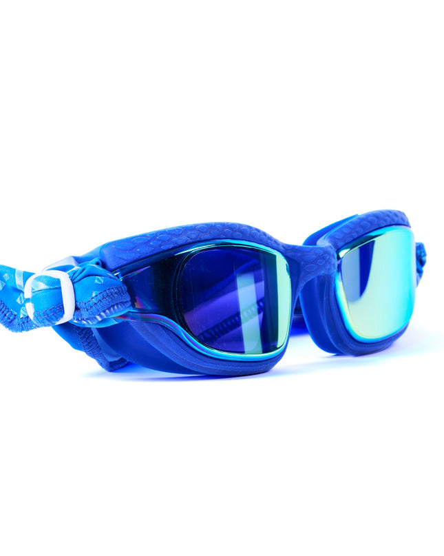 angled shot of Softline Swim Goggles in bubble showing textured frame, mirrored lens, and soft strap