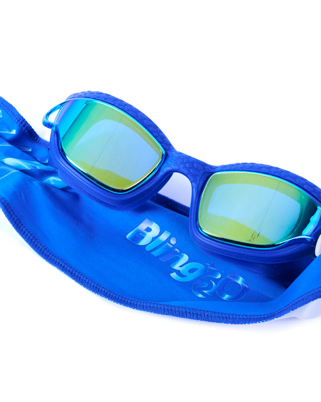 styled shot of Softline Swim Goggles in bubble showing textured frame, mirrored lens, and soft strap