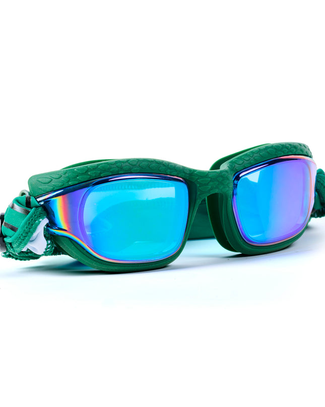 angled shot of Softline Swim Goggles in meadow showing textured frame, mirrored lens, and soft strap
