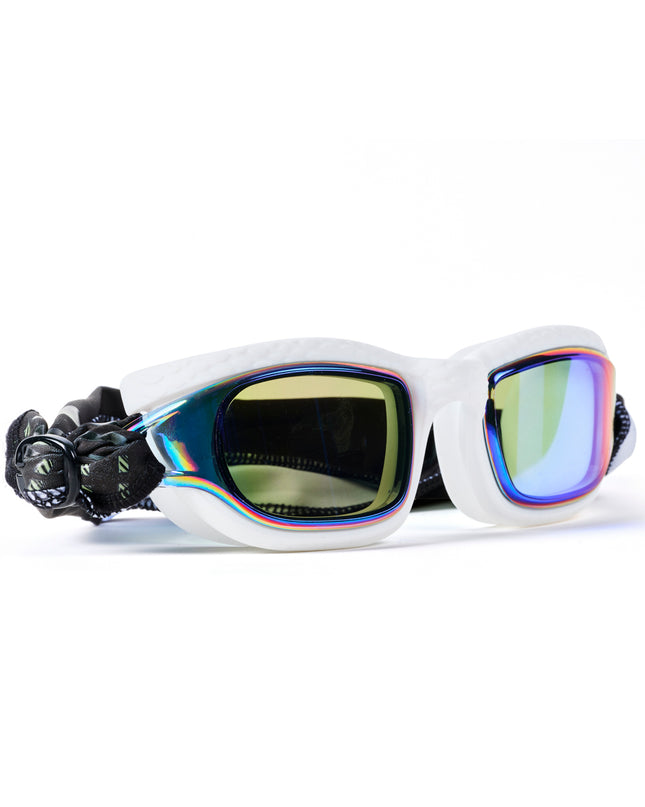 angled shot of Softline Swim Goggles in puff showing textured frame, mirrored lens, and soft strap