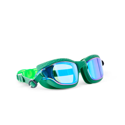 angled view of Streamline Swim Goggles in current green showing textured frame and mirrored lens