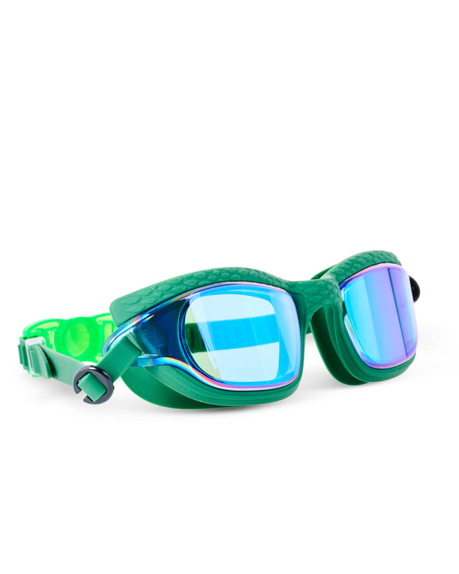 angled view of Streamline Swim Goggles in current green showing textured frame and mirrored lens
