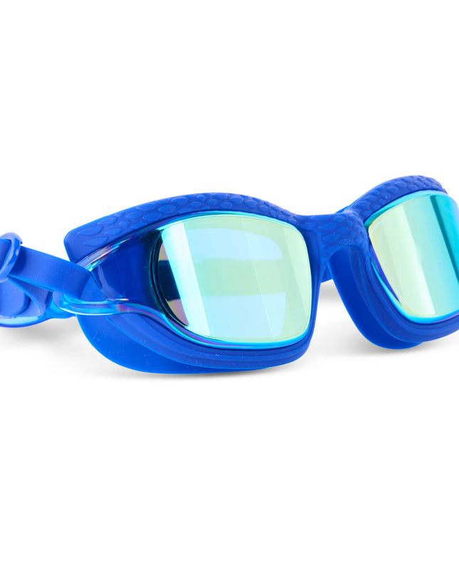 angled view of Streamline Swim Goggles in deep tides showing textured frame and mirrored lens