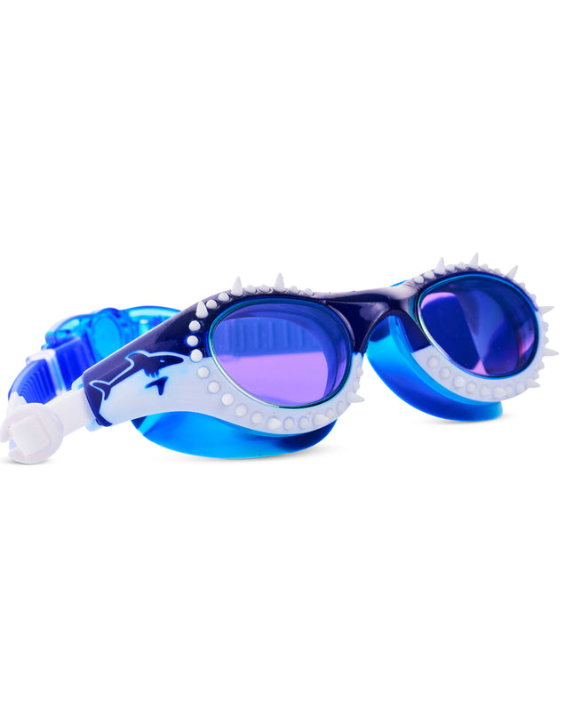 angled view of Shark Surge Kids Swim Goggles in great white strike showing silicone spikes, and a shark illustration on the frame