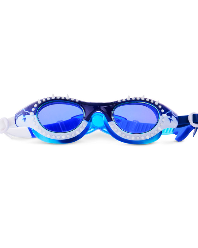 Shark Surge Kids Swim Goggles in great white strike showing silicone spikes and a shark illustration on the frame