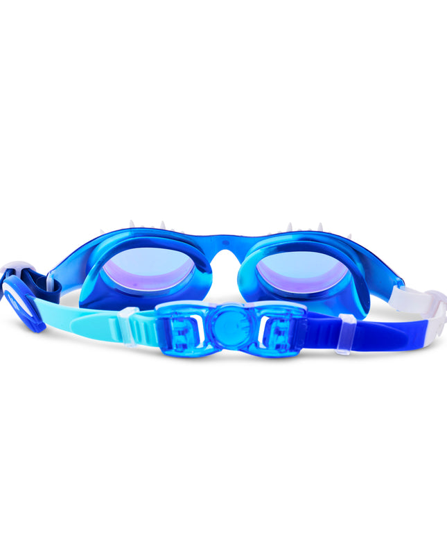 back view of Shark Surge Kids Swim Goggles in great white strike showing strap and back clip