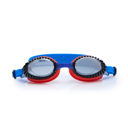 turbo drive kids' swim goggles in race car red showing car tire tread frame and red gasket
