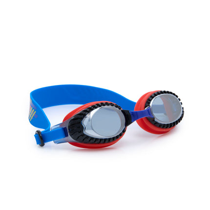 angled view of turbo drive kids' swim goggles in race car red showing car tire tread frame and red gasket