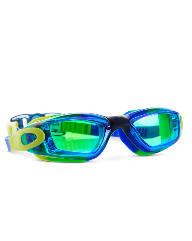 angled view of Voyage Swim Goggles showing all silicone frame in blue, green and yellow swirled silicone with green tinted lens